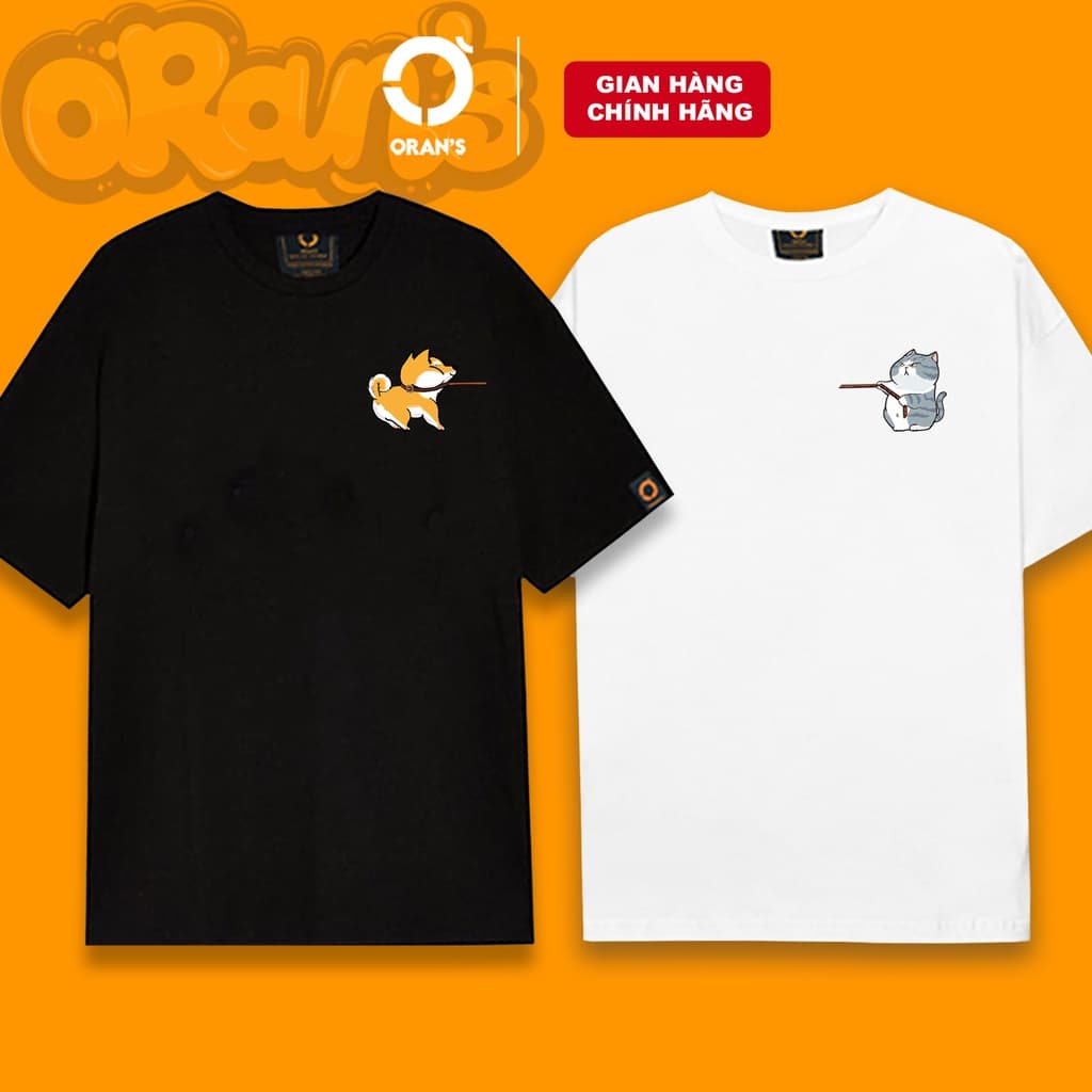 Áo thun đôi in hình nhỏ chó mèo kéo xích tay lỡ Oversize chất COTTON 4C, ORANS COUPLE - ORANS 07