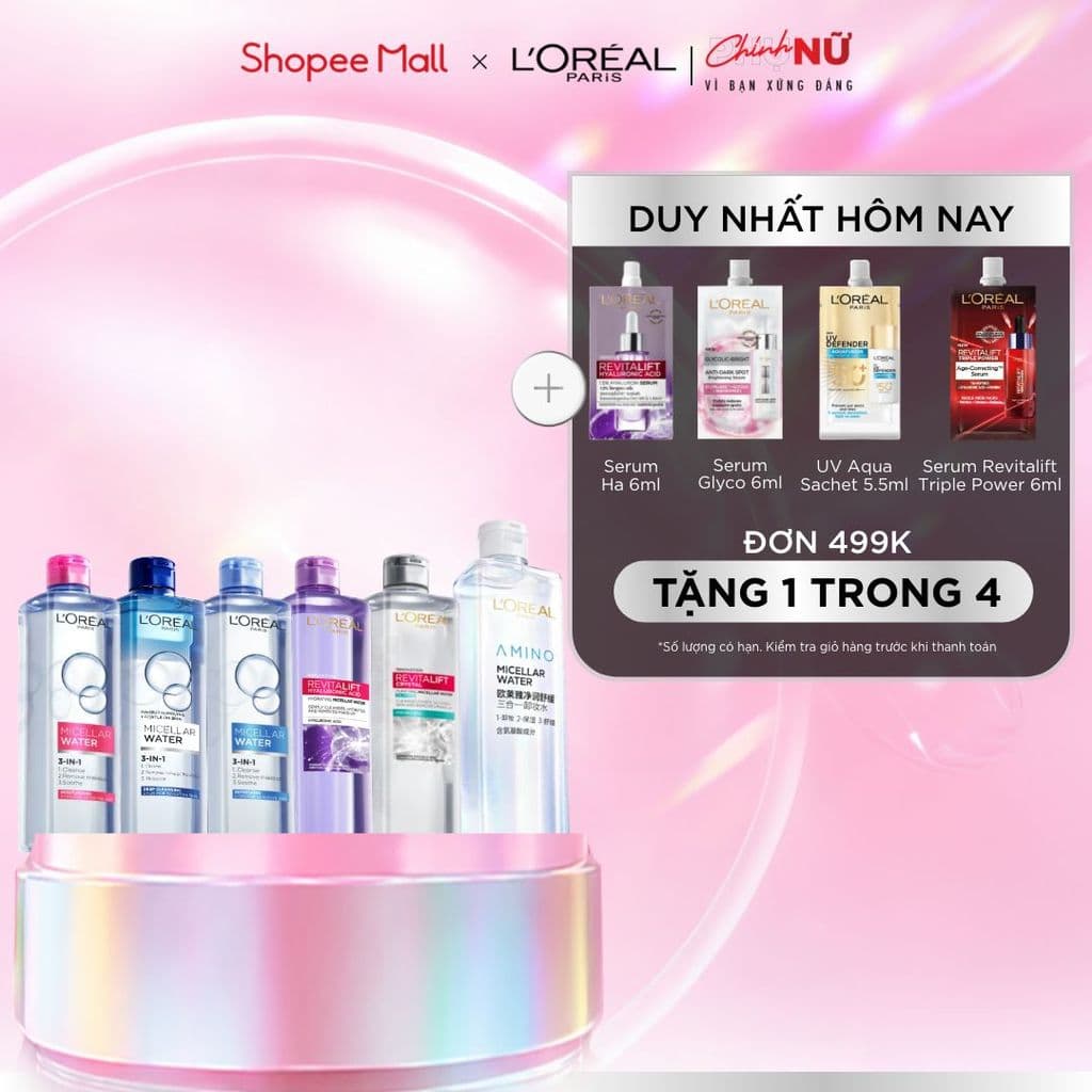 [AMINO MICELLAR MỚI] Nước tẩy trang làm sạch sâu, loại bỏ bụi bẩn & trang điểm 3-in-1 L'Oreal Paris Micellar Water 400ml