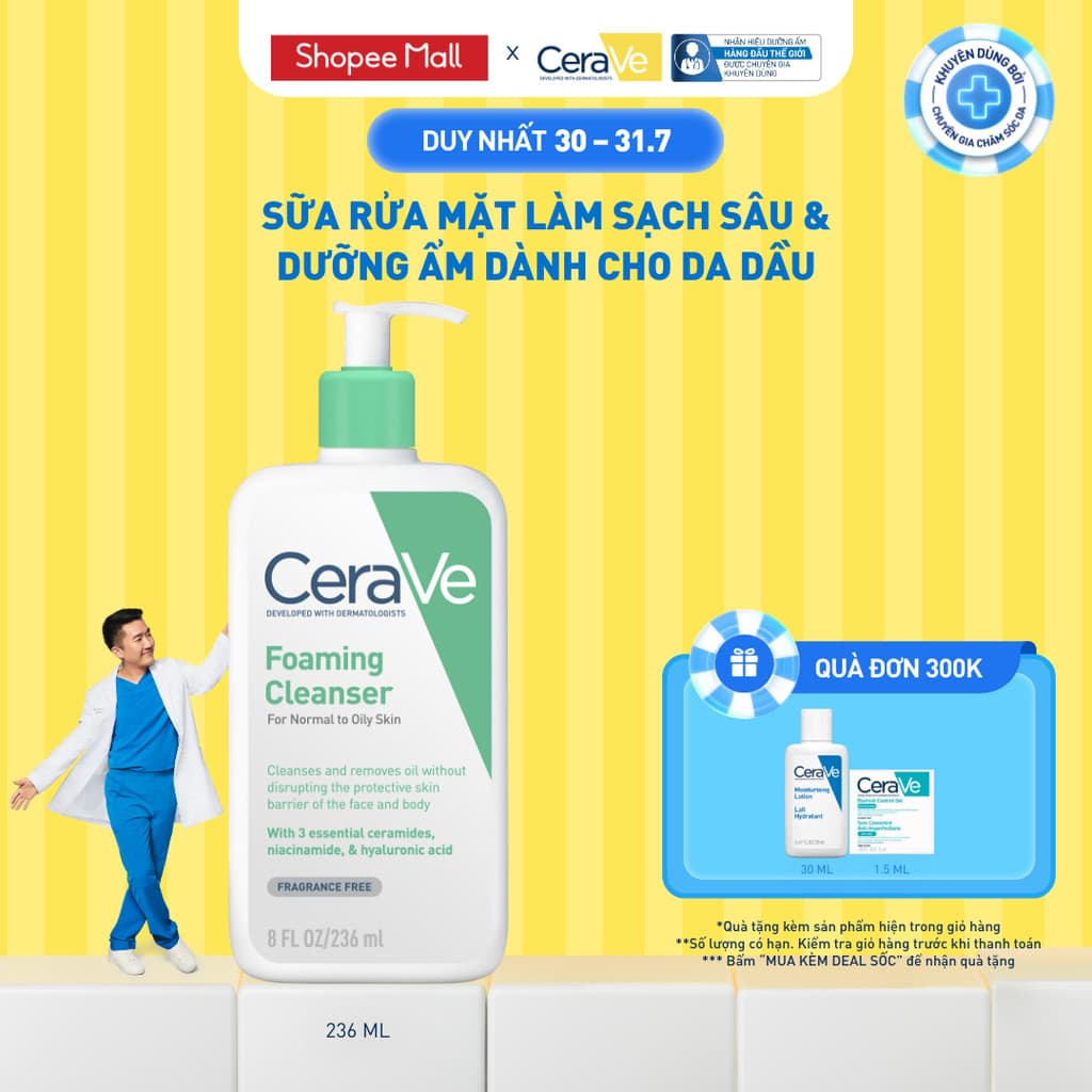 Sữa rửa mặt foaming giúp làm sạch sâu và dưỡng ẩm dịu nhẹ dành cho da dầu - CeraVe Foaming Facial Cleanser 236ML