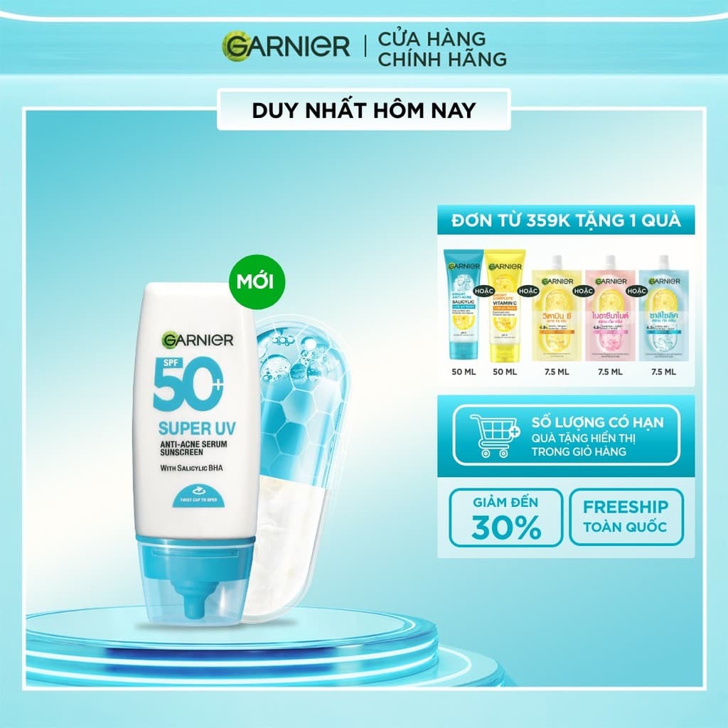 Kem Chống Nắng Garnier Phổ Rộng Kiềm Dầu Đến 12H & Hỗ Trợ Giảm Mụn Spf 50+PA++++ 30ML
