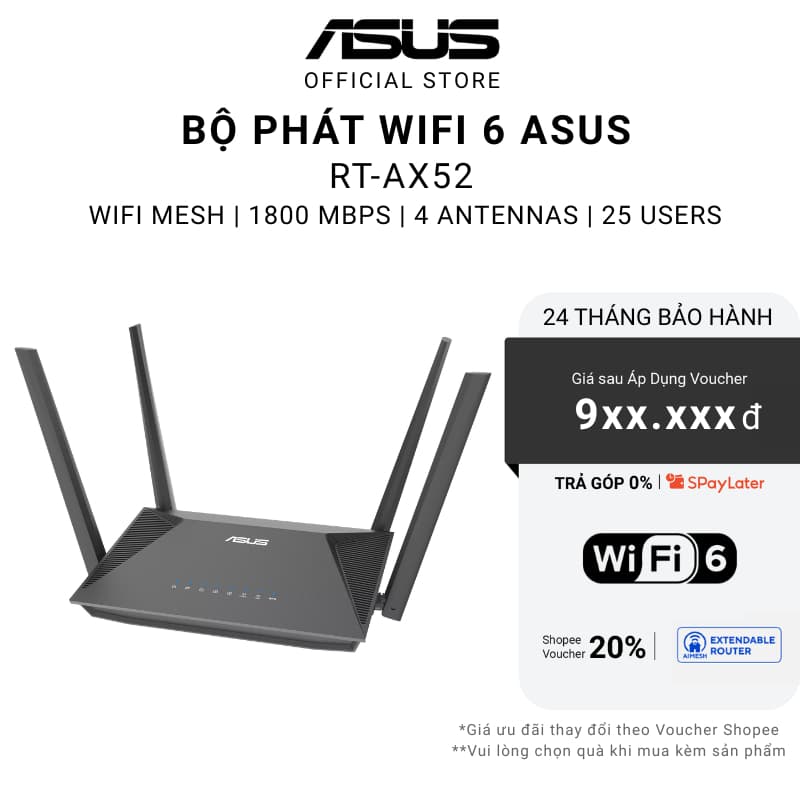 Bộ phát wifi Asus RT-AX52 WiFi 6 tối đa 2402 Mbps Chuẩn AX1800 AiMesh DUAL BAND 3 NĂM BẢO HÀNH