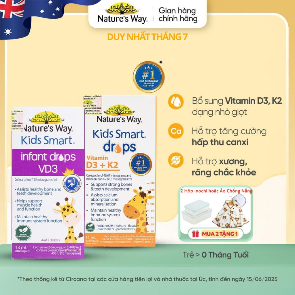 Vitamin D3, D3K2 Nature’s Way Kids Smart Drops Với Dầu Hoa Hướng Dương Organic Cho Trẻ Sơ Sinh