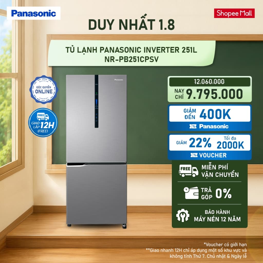 [Giao sau 05/08] [ELPN2TY MAX 2TR] Tủ lạnh Panasonic Inverter 251L NR-PB251CPSV Ngăn đông mềm Ngăn đá dưới
