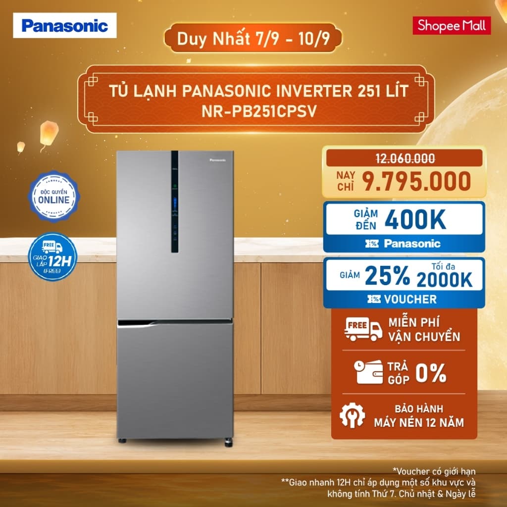 [M.NAM GIAO SAU 16/9] Tủ lạnh Panasonic Inverter 251L NR-PB251CPSV Ngăn đông mềm Ngăn đá dưới