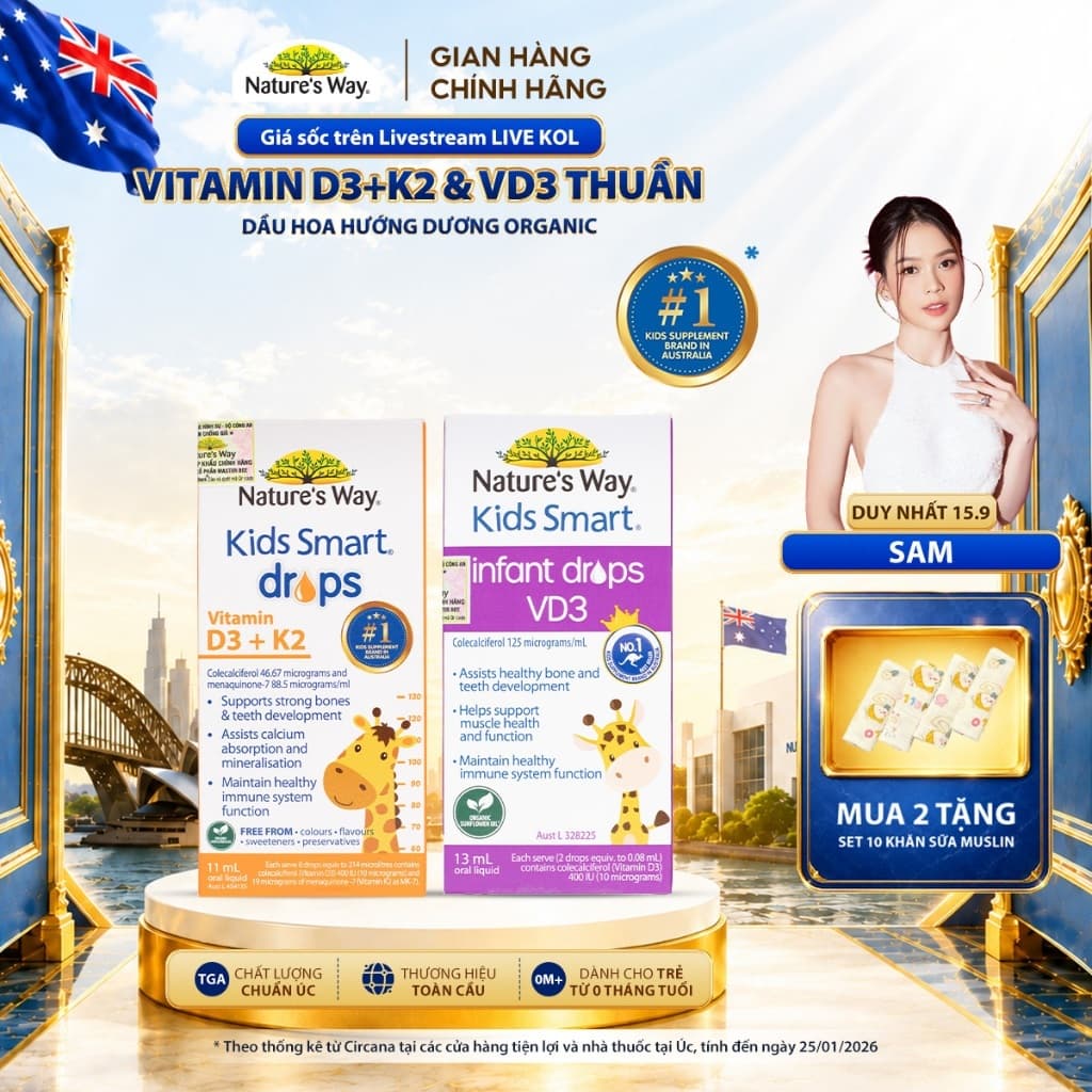 Vitamin D3, D3K2 Nature’s Way Kids Smart Drops Với Dầu Hoa Hướng Dương Organic Cho Trẻ Sơ Sinh