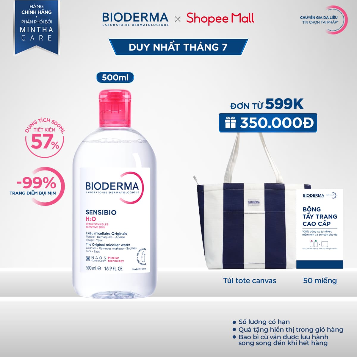 Dung dịch làm sạch và tẩy trang công nghệ Micellar cho da thường & nhạy cảm Bioderma Sensibio H2O - 500ml