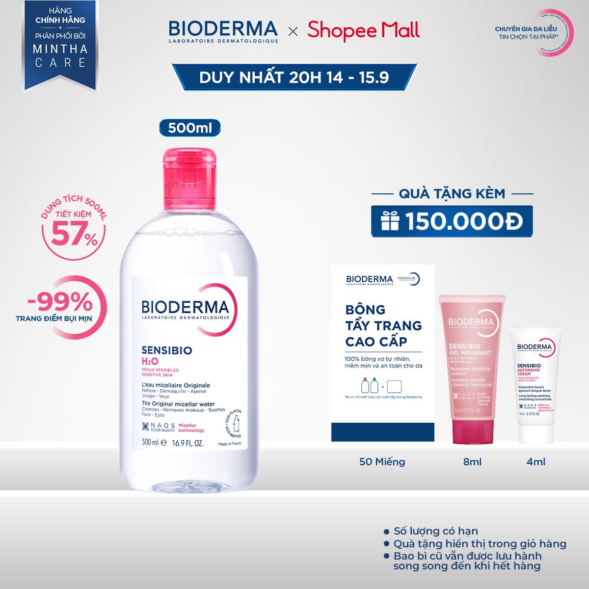 Dung dịch làm sạch và tẩy trang công nghệ Micellar cho da thường & nhạy cảm Bioderma Sensibio H2O - 500ml